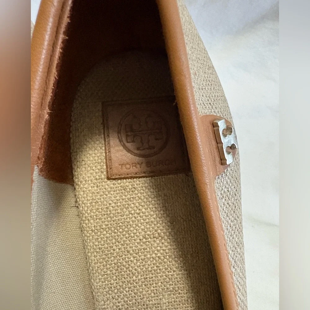 Tory Burch Beige and Tan Espadrille Wedge Peep-Toe Pumps
